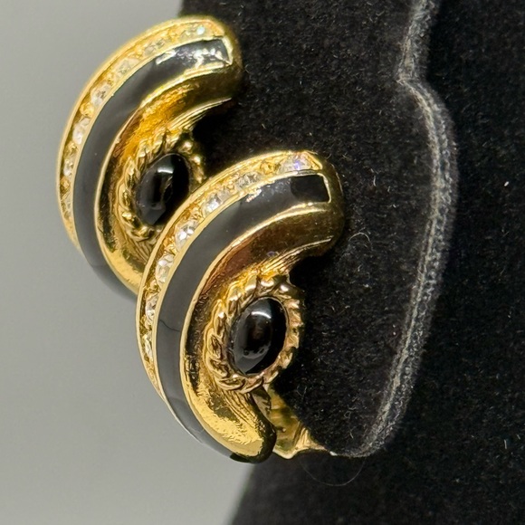 Swarovski Gold and Black Enamel with Crystal Huggie Clip Earrings - Picture 3 of 7